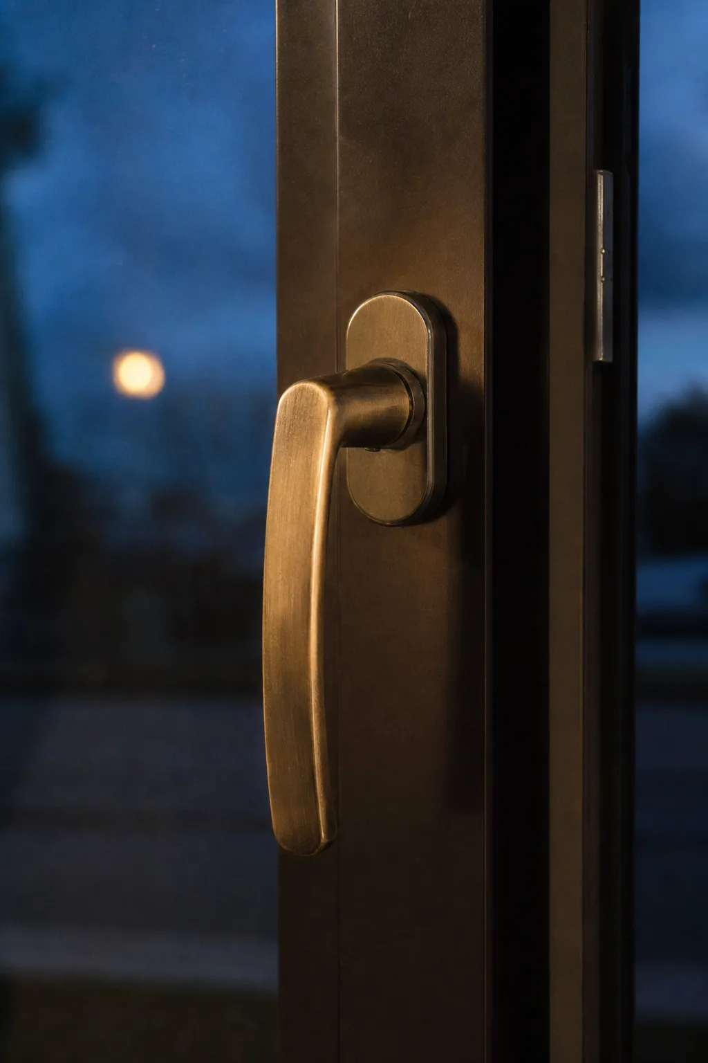 Fenstergriff und schmales Rahmenprofil bei Abendlicht