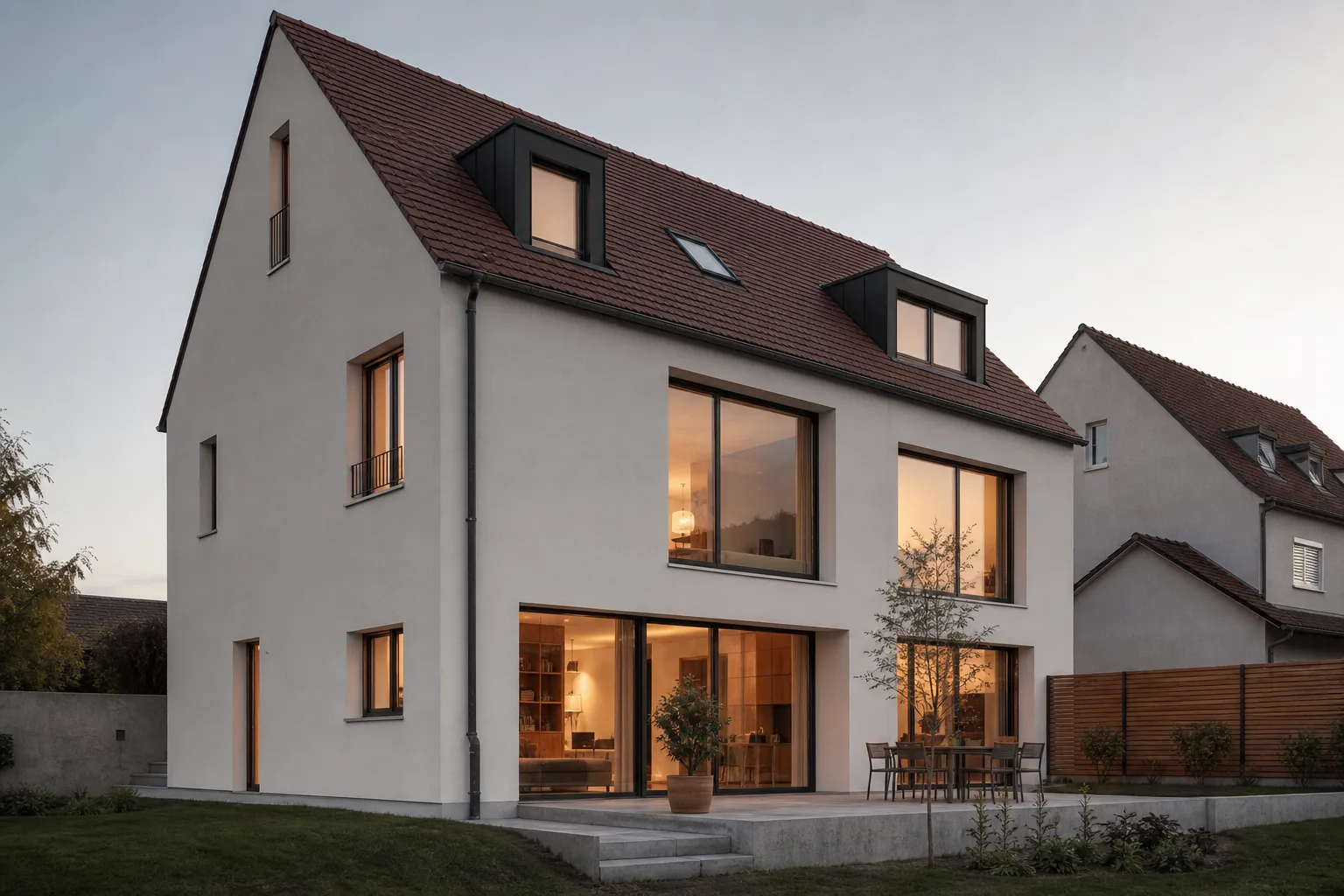 Modernes Wohnhaus mit warm beleuchteten Fensterflächen am Abend